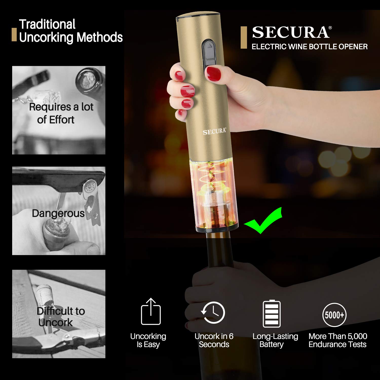Secura electric wine opener champagne gold on kitchen counter.