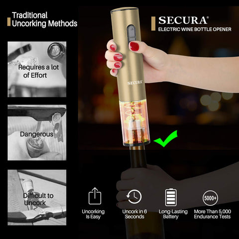Secura electric wine opener champagne gold on kitchen counter.