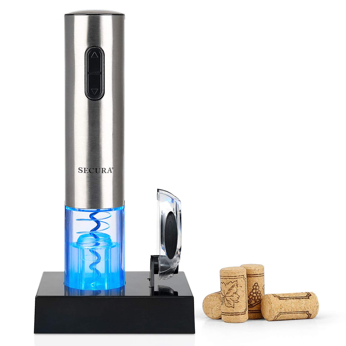 Secura electric wine opener in action with corkscrew ready for effortless bottle opening