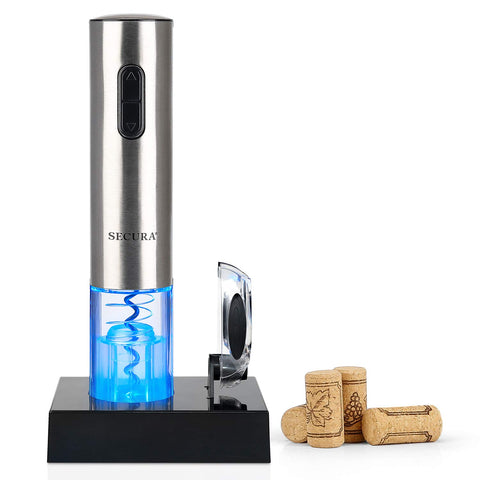 Secura electric wine opener in action with corkscrew ready for effortless bottle opening