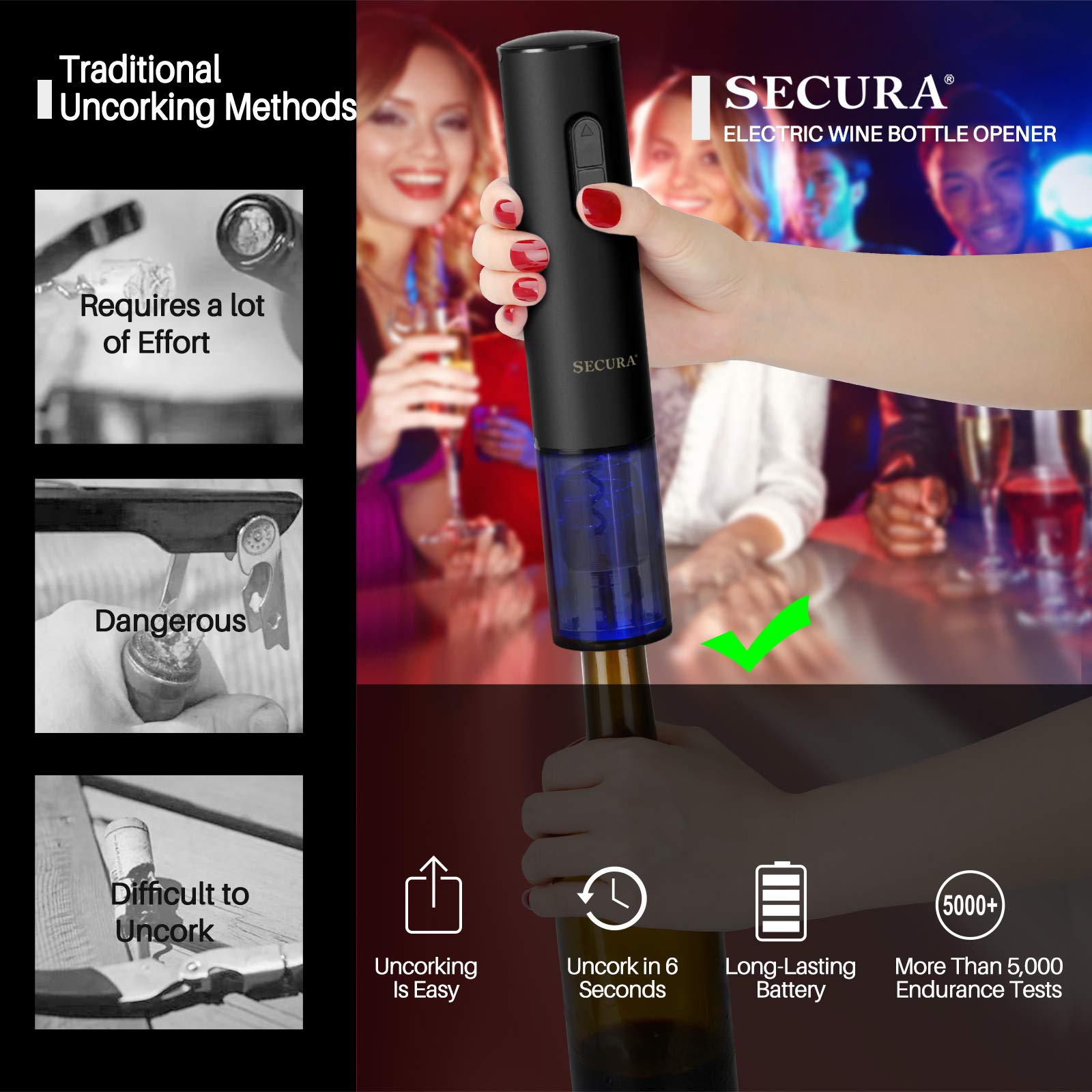 Secura electric wine opener with foil cutter close-up for clean openings.