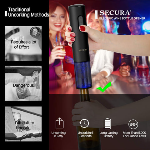 Secura electric wine opener with foil cutter close-up for clean openings.