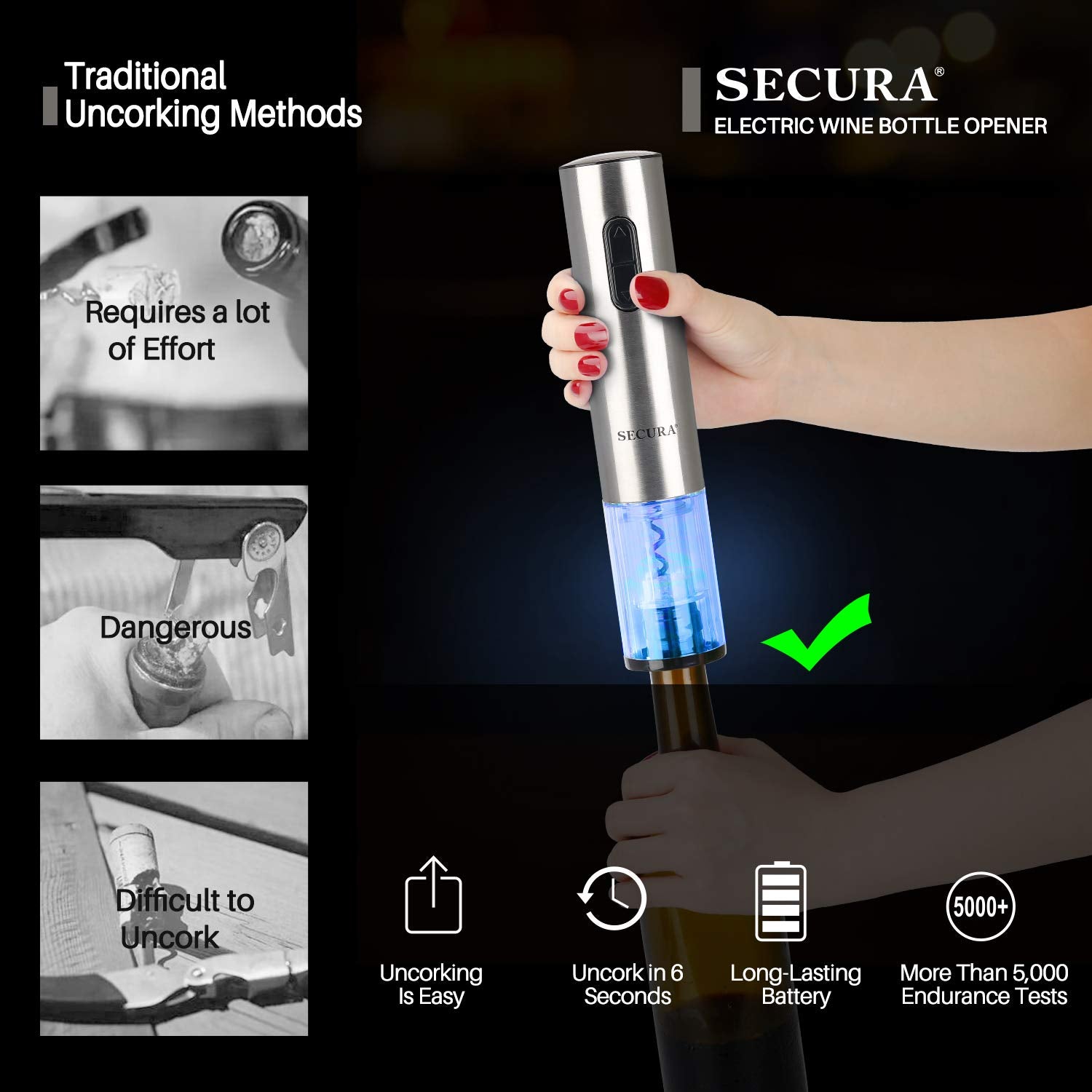 Secura electric wine opener with foil cutter ready to trim seals quickly