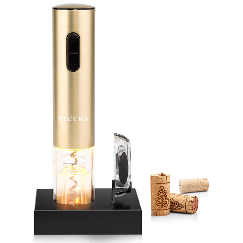 Secura electric wine opener with foil cutter demonstrates quick cork removal.