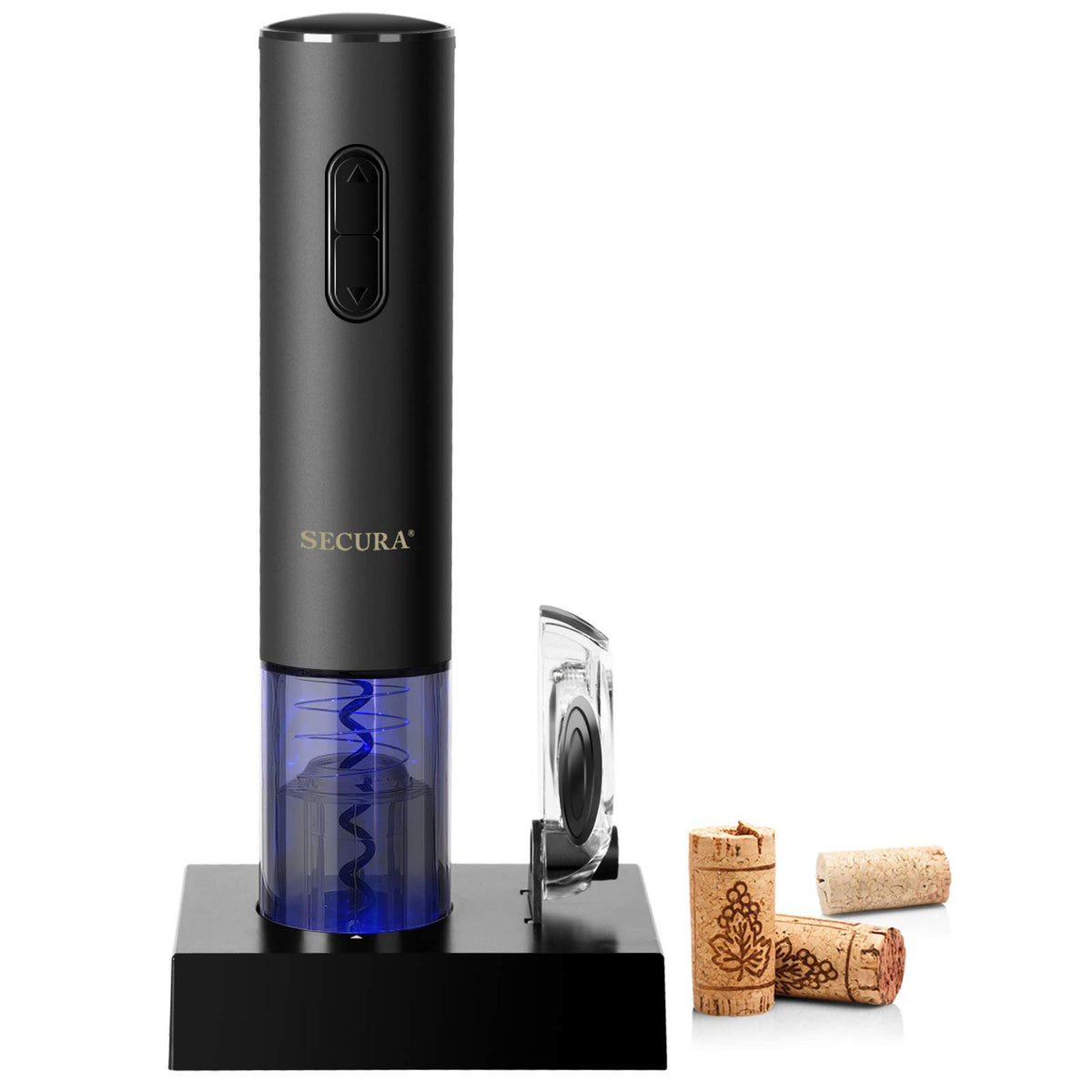 Secura electric wine opener on bottle with effortless cork removal.