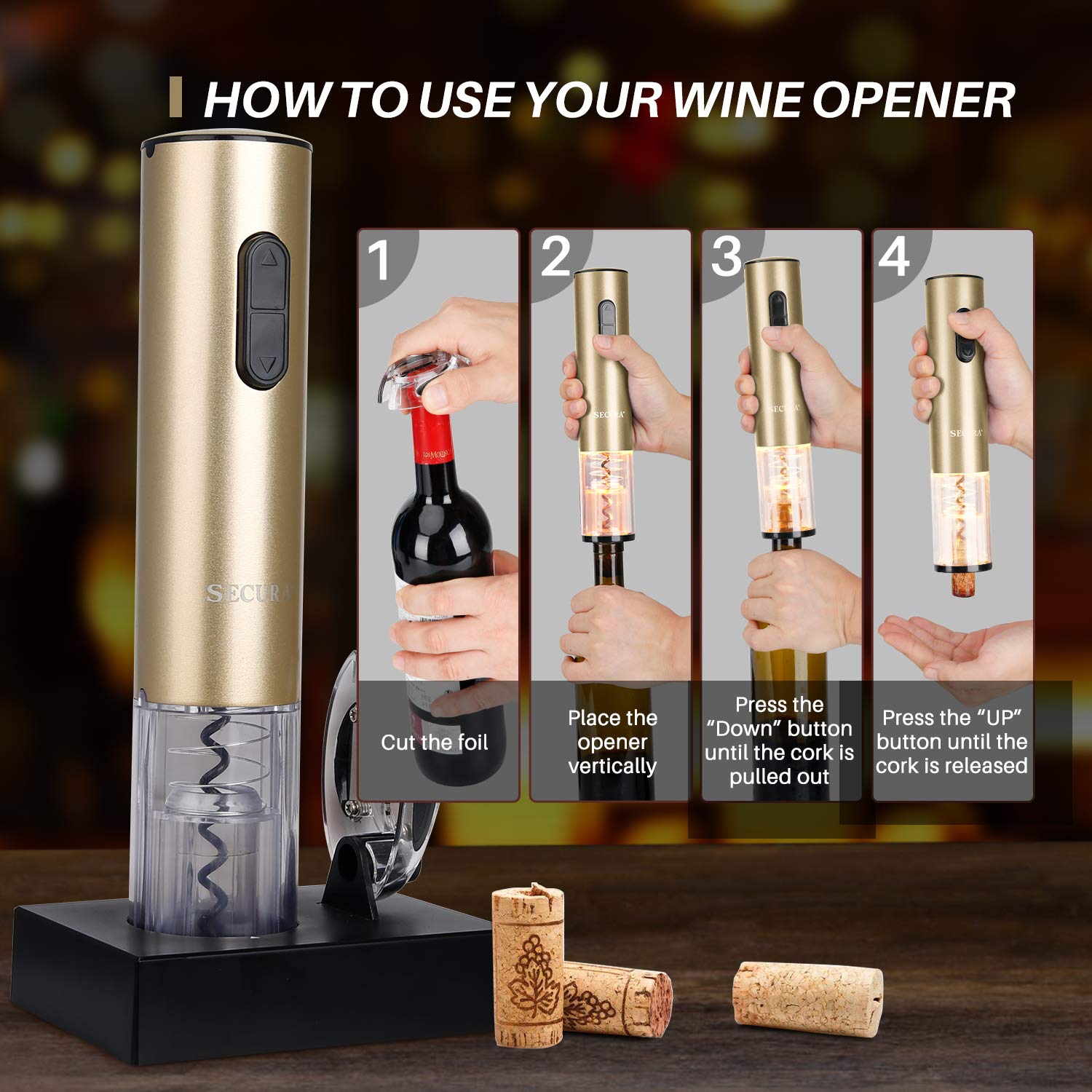 Secura electric wine opener on bottle ready to serve.