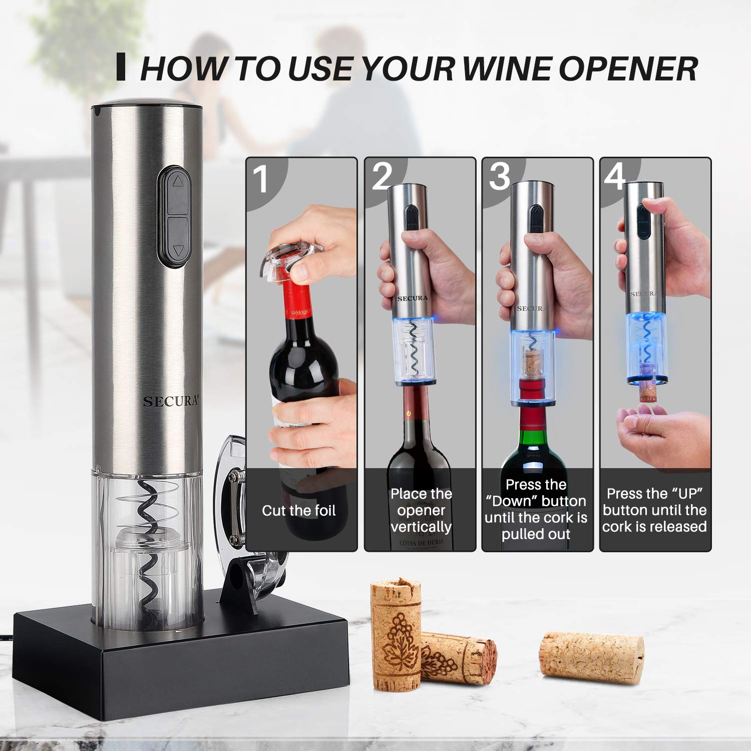 Secura electric wine opener transparent shell shows cork removal in real time