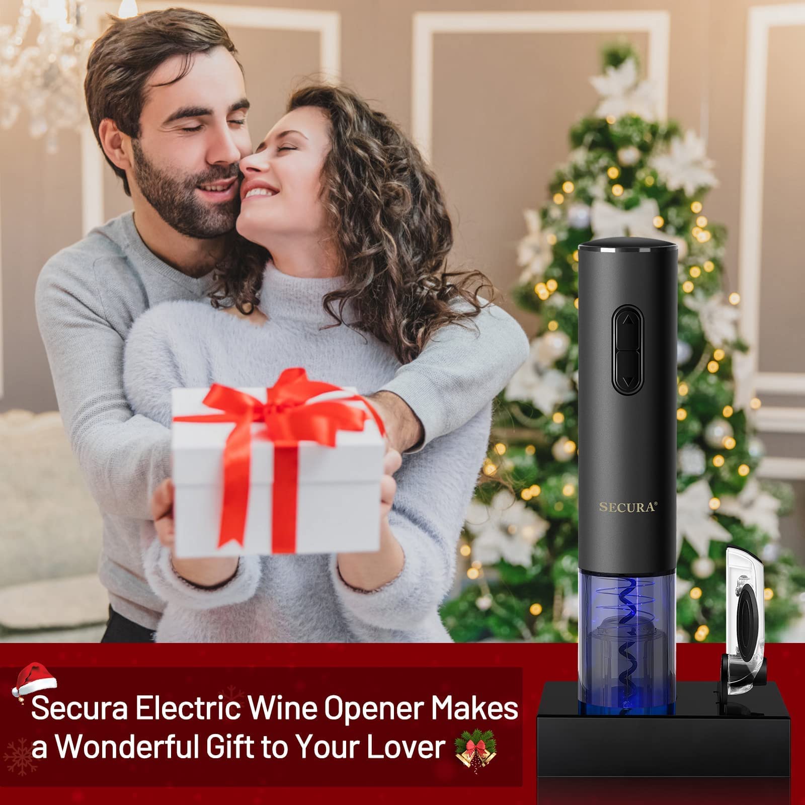 Secura electric opener with bottle and corkscrew in action.