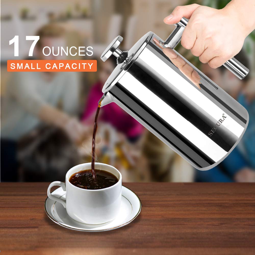 Secura French Press shows 17 oz capacity for solo or shared coffee