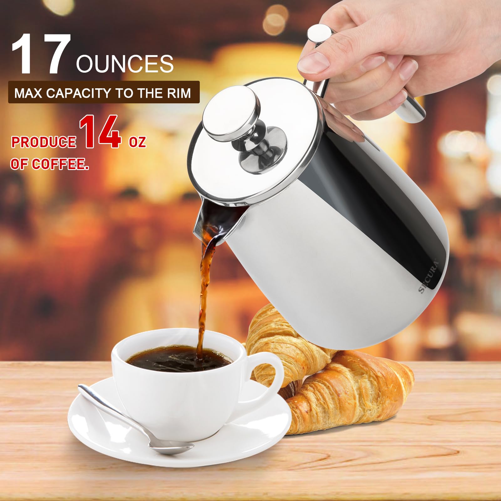 Secura French Press 304 stainless-steel construction for durable daily use