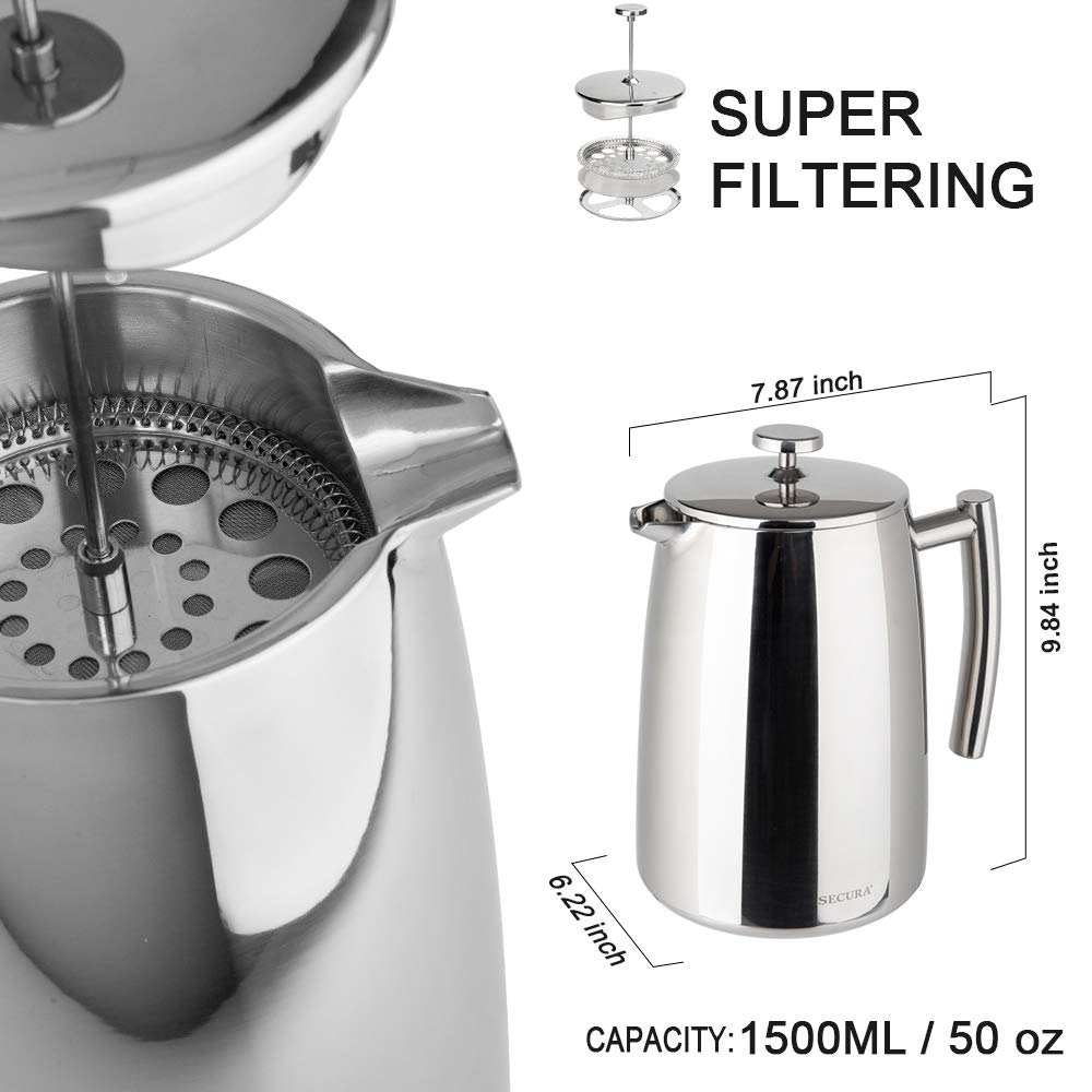 Secura French Press 3-layer filter close-up highlighting potential for rich flavor