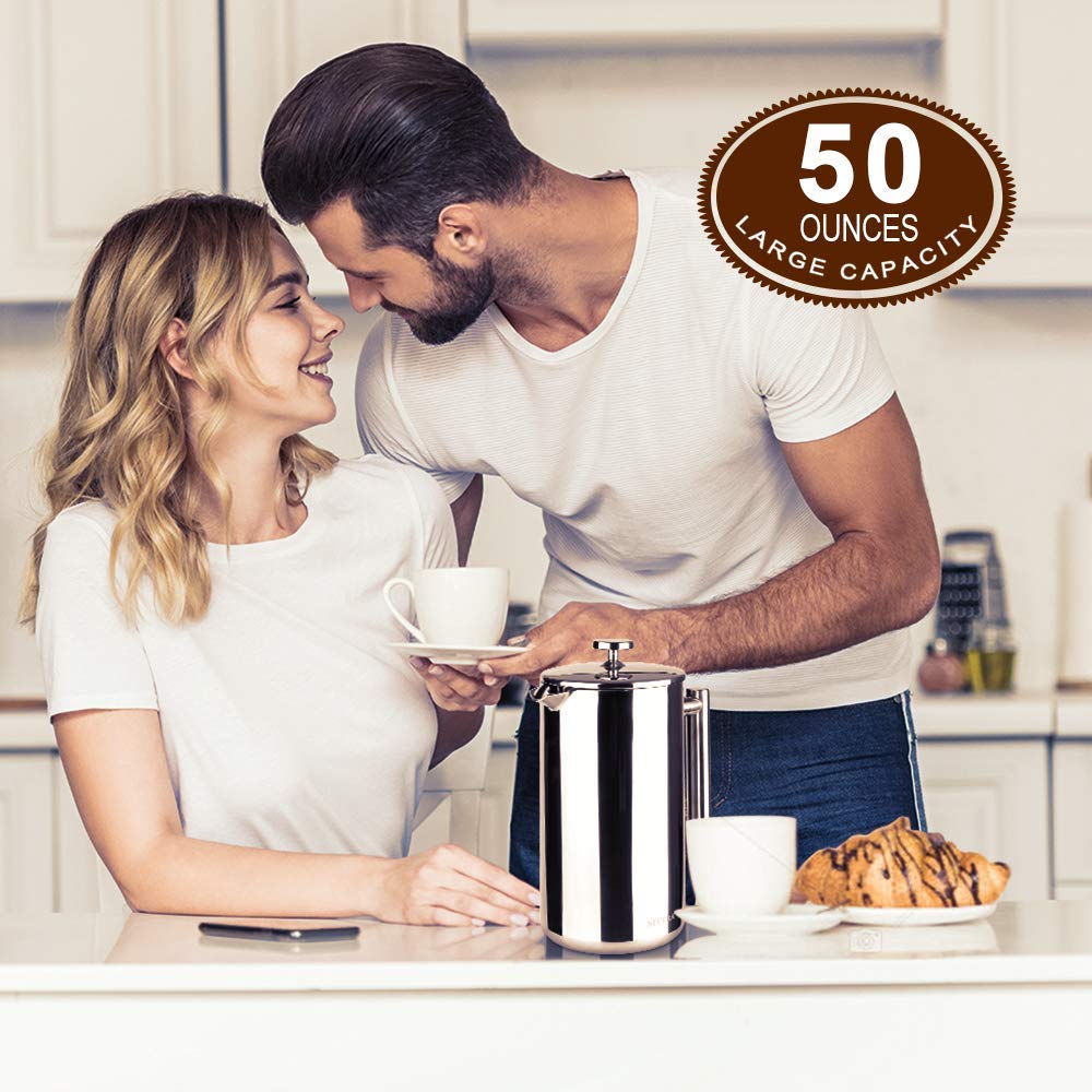 Secura French Press 50oz assembly demonstrates easy disassembly for cleaning.