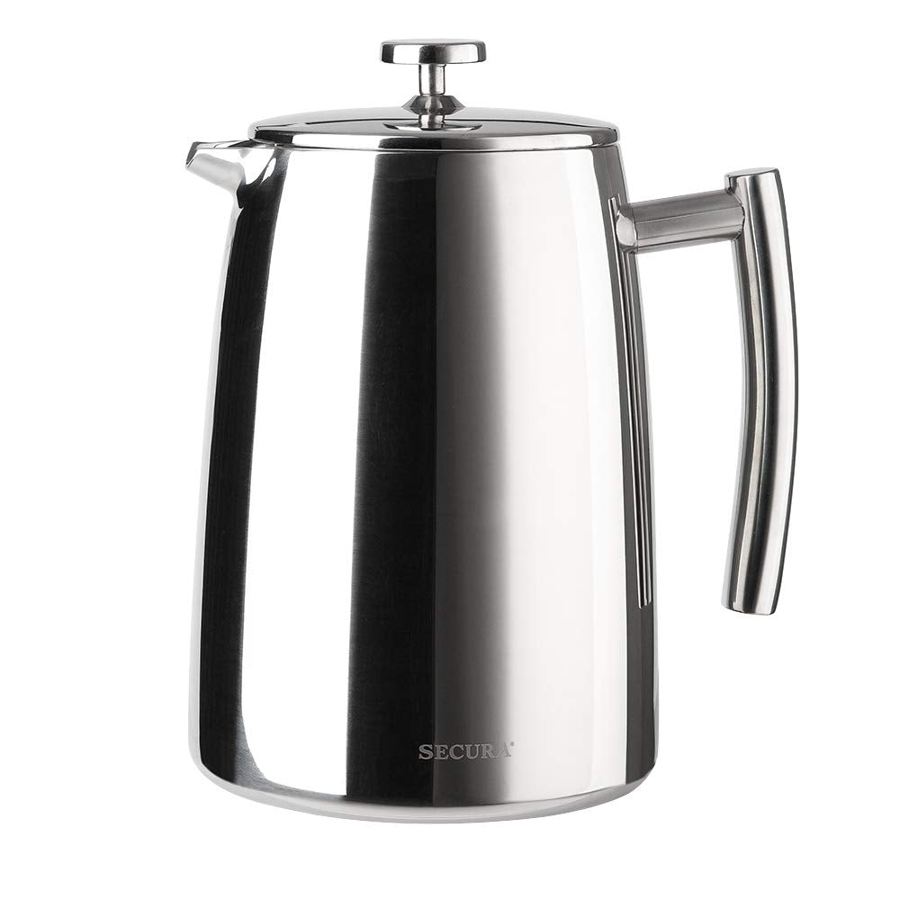 Secura French Press exterior in polished stainless steel for durable daily brewing