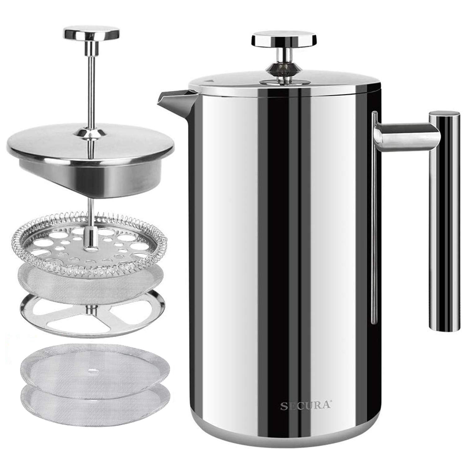 Secura French Press 50oz front view shows durable all-stainless design and ample capacity.