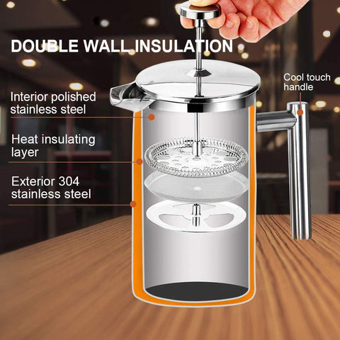 Secura French Press 50oz side view highlights double-wall insulation for improved heat retention.