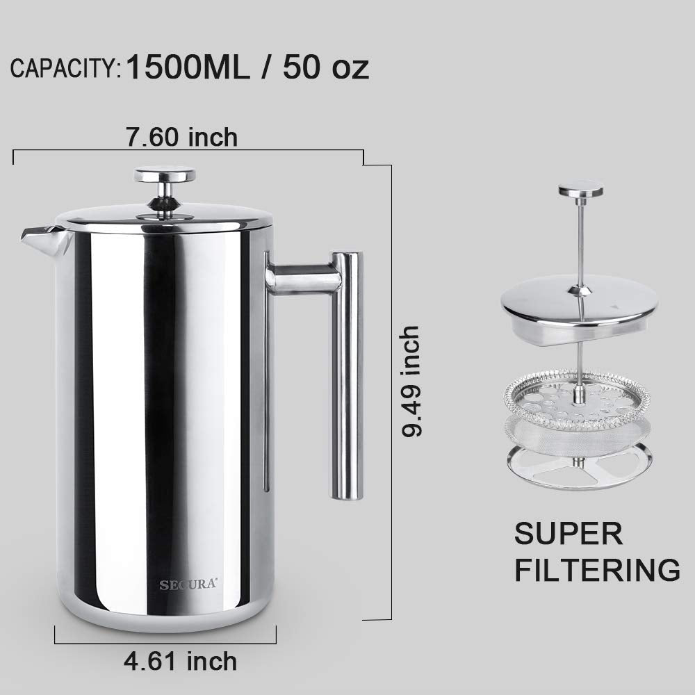 Secura 50oz press features stay-cool handle for safe, comfortable pouring.