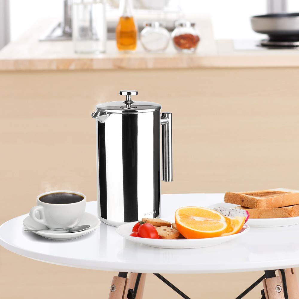 Secura 50oz French Press with cup illustrates complete setup for gatherings.