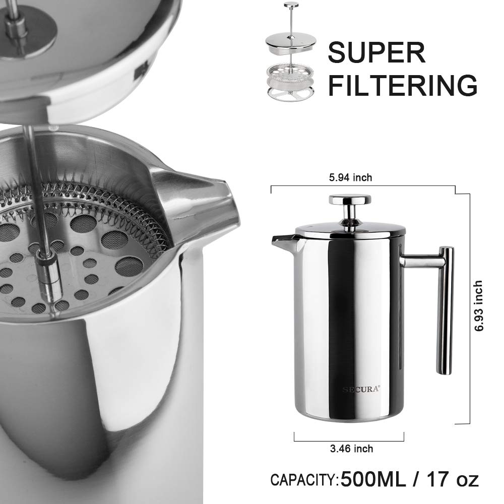 Secura French Press cool touch handle for safe pouring