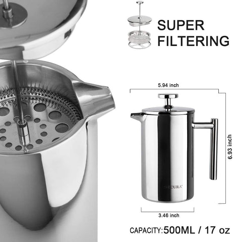 Secura French Press cool touch handle for safe pouring