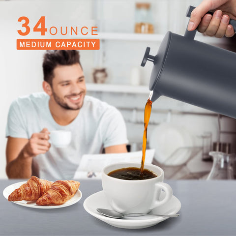 Secura French Press double-wall insulation keeps coffee hot longer.