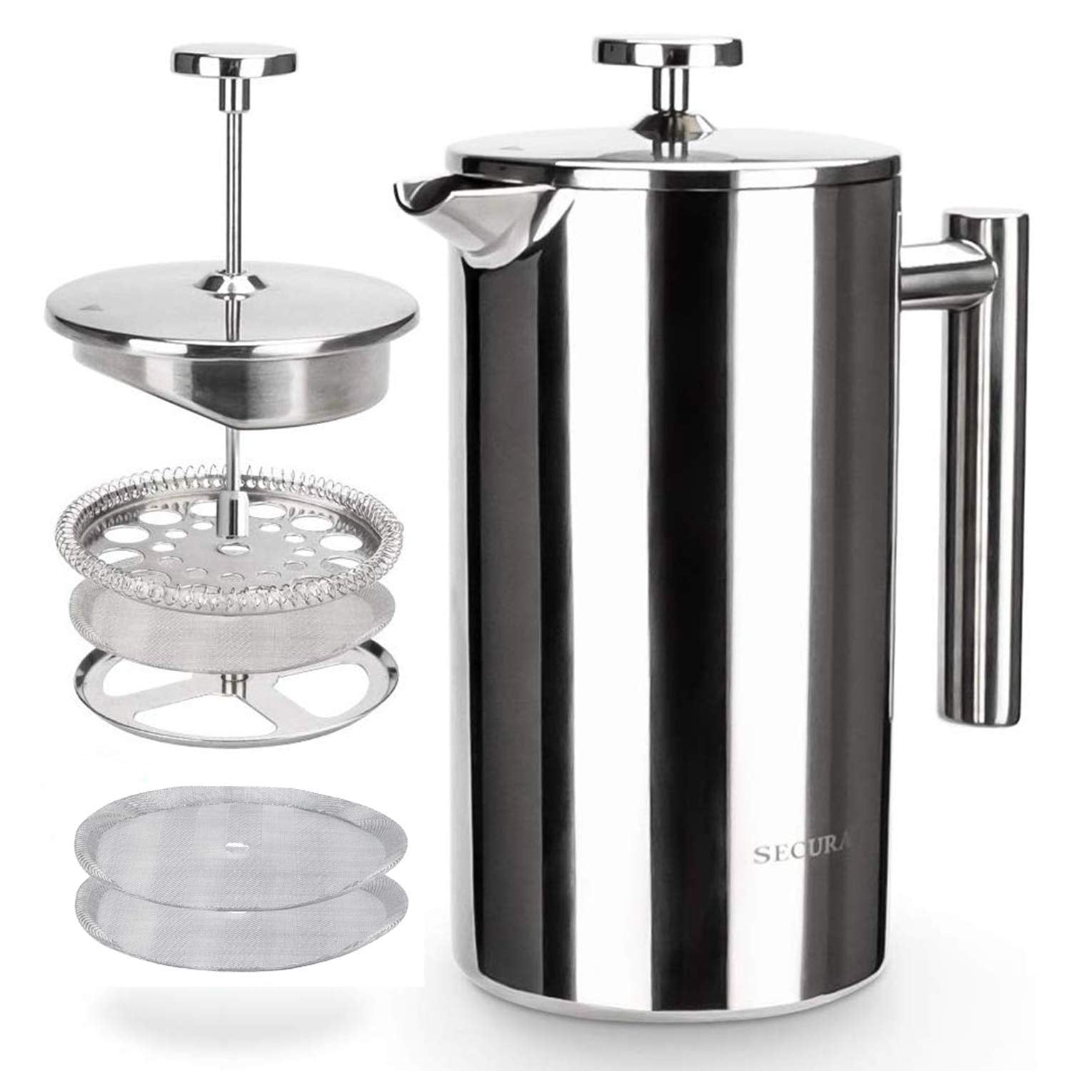 Secura French Press exterior in brushed stainless steel for durable daily brewing