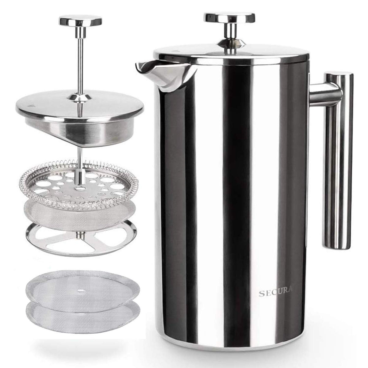 Secura French Press exterior in brushed stainless steel for durable daily brewing