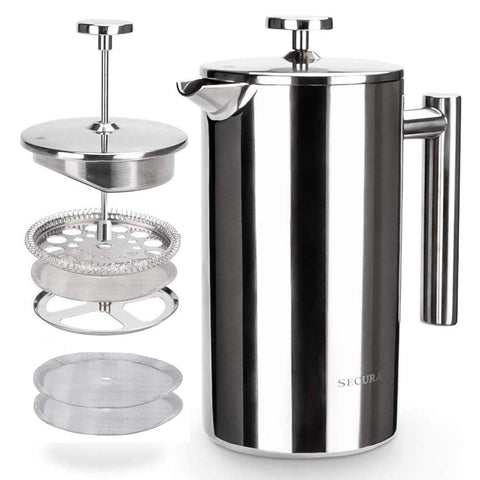 Secura French Press exterior in brushed stainless steel for durable daily brewing