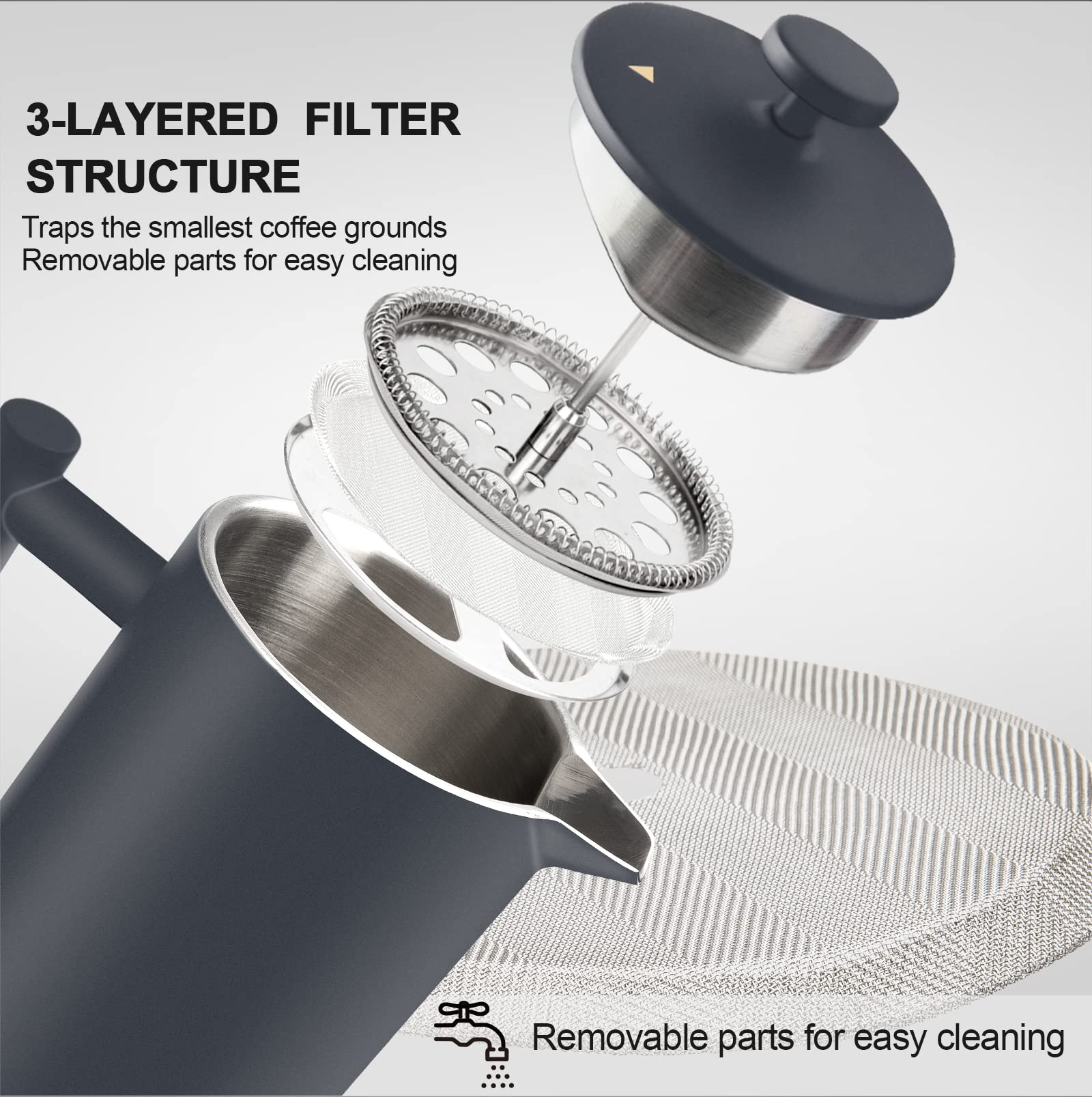 Secura French Press three-layer filter mesh for fuller, cleaner flavor.