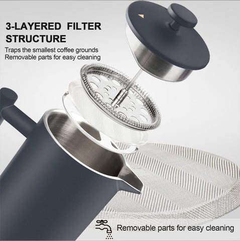 Secura French Press three-layer filter mesh for fuller, cleaner flavor.