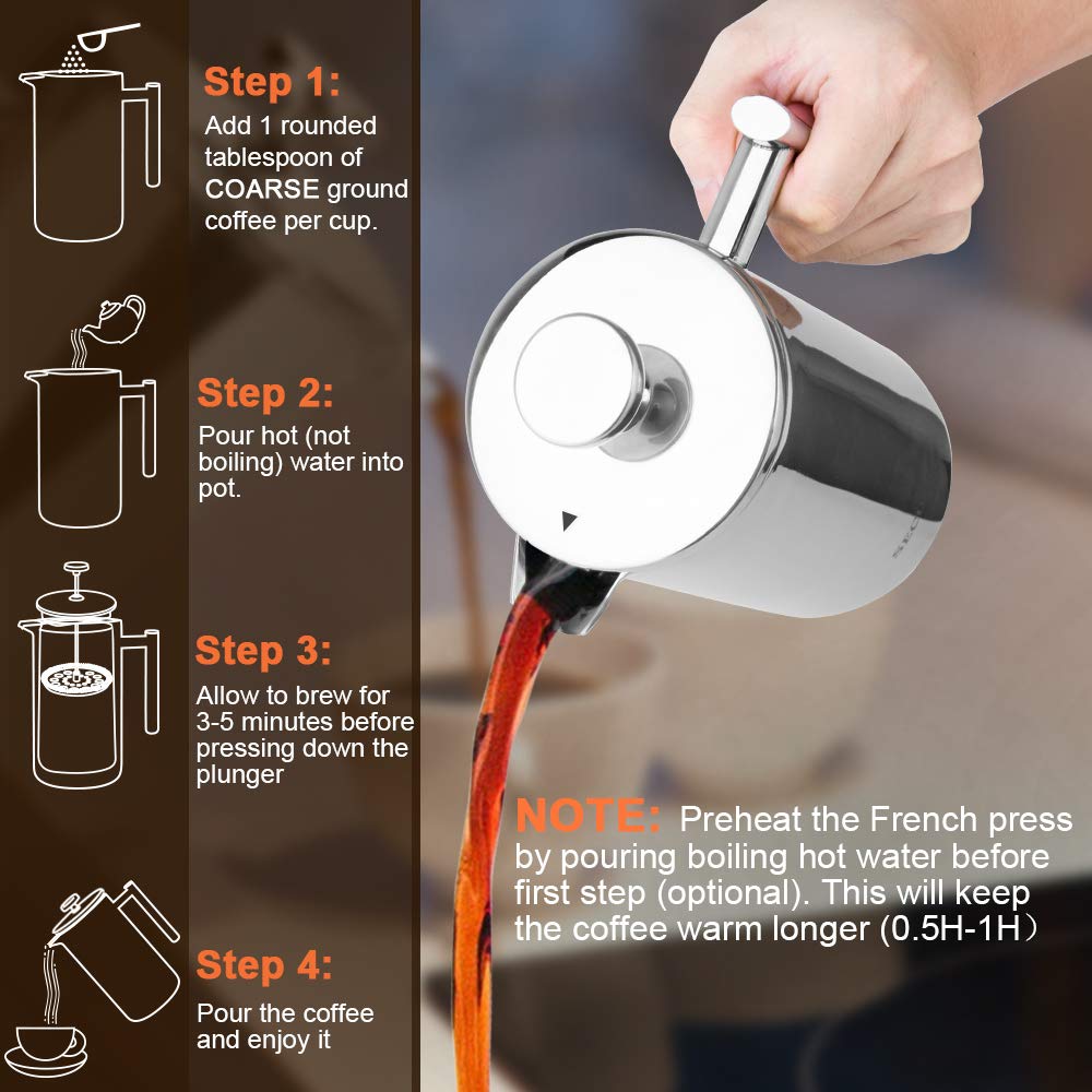 Secura French Press heat preservation design keeps coffee hot longer