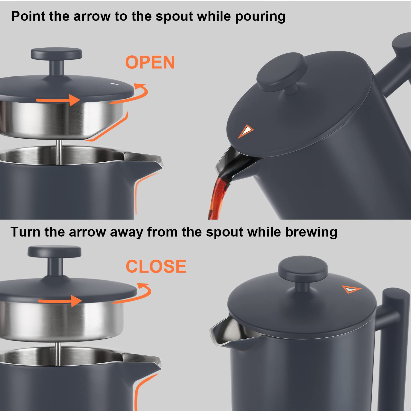 Secura French Press pour spout for steady, mess-free pouring.