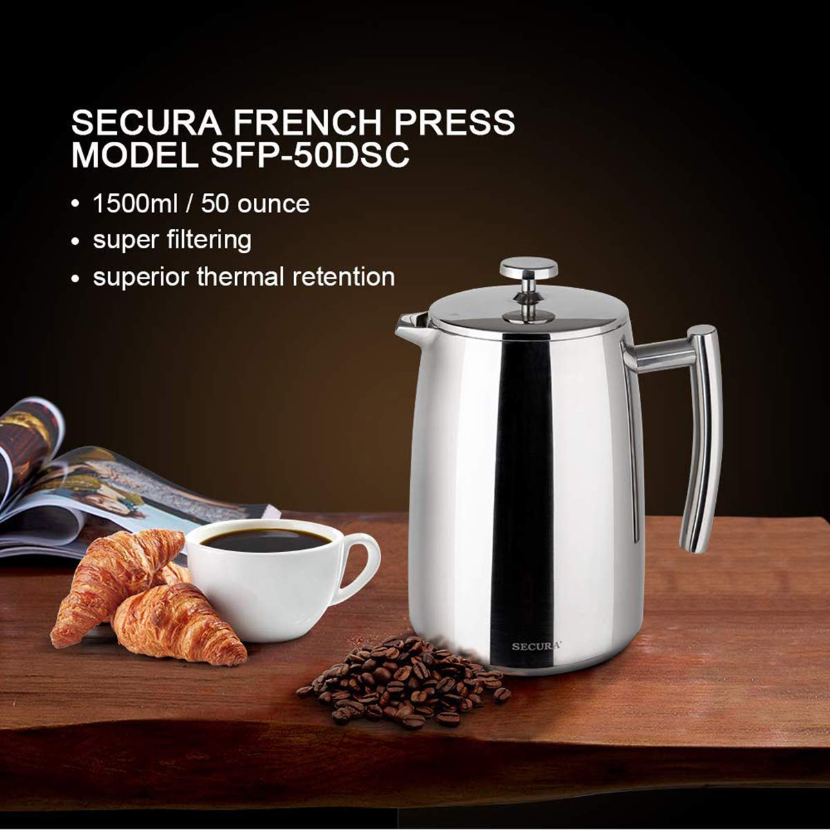 Secura 50oz French Press ready to brew for easy coffee prep