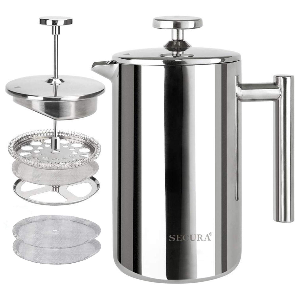 Secura French Press with a stainless steel body for durable performance and even heat distribution