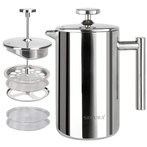 Secura French Press with a stainless steel body for durable performance and even heat distribution