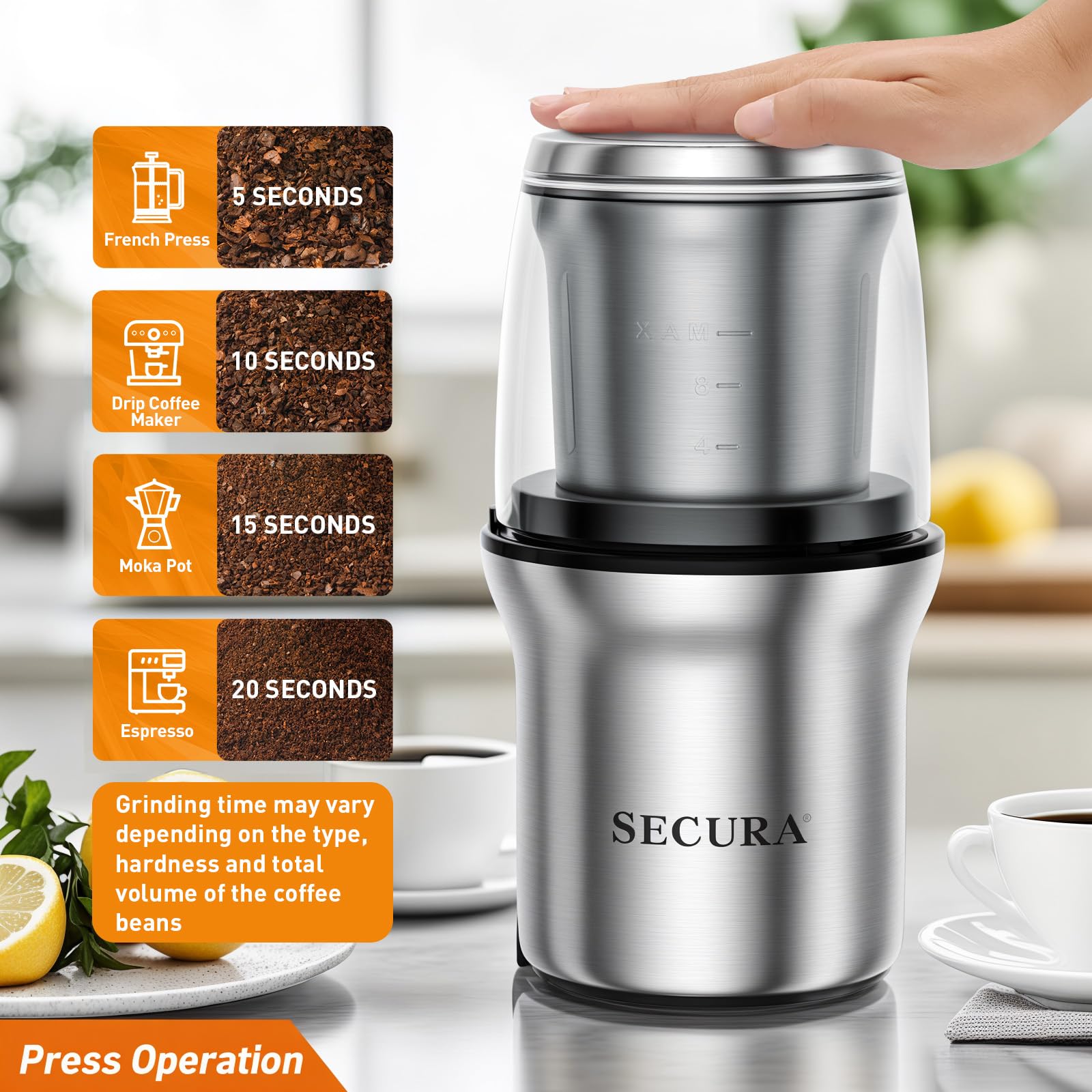 Removable bowl on the Secura grinder for easy emptying and cleanup.