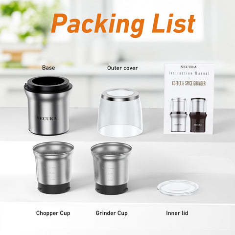 Secura grinder ideal for grinding fresh beans or whole spices to preserve aroma.