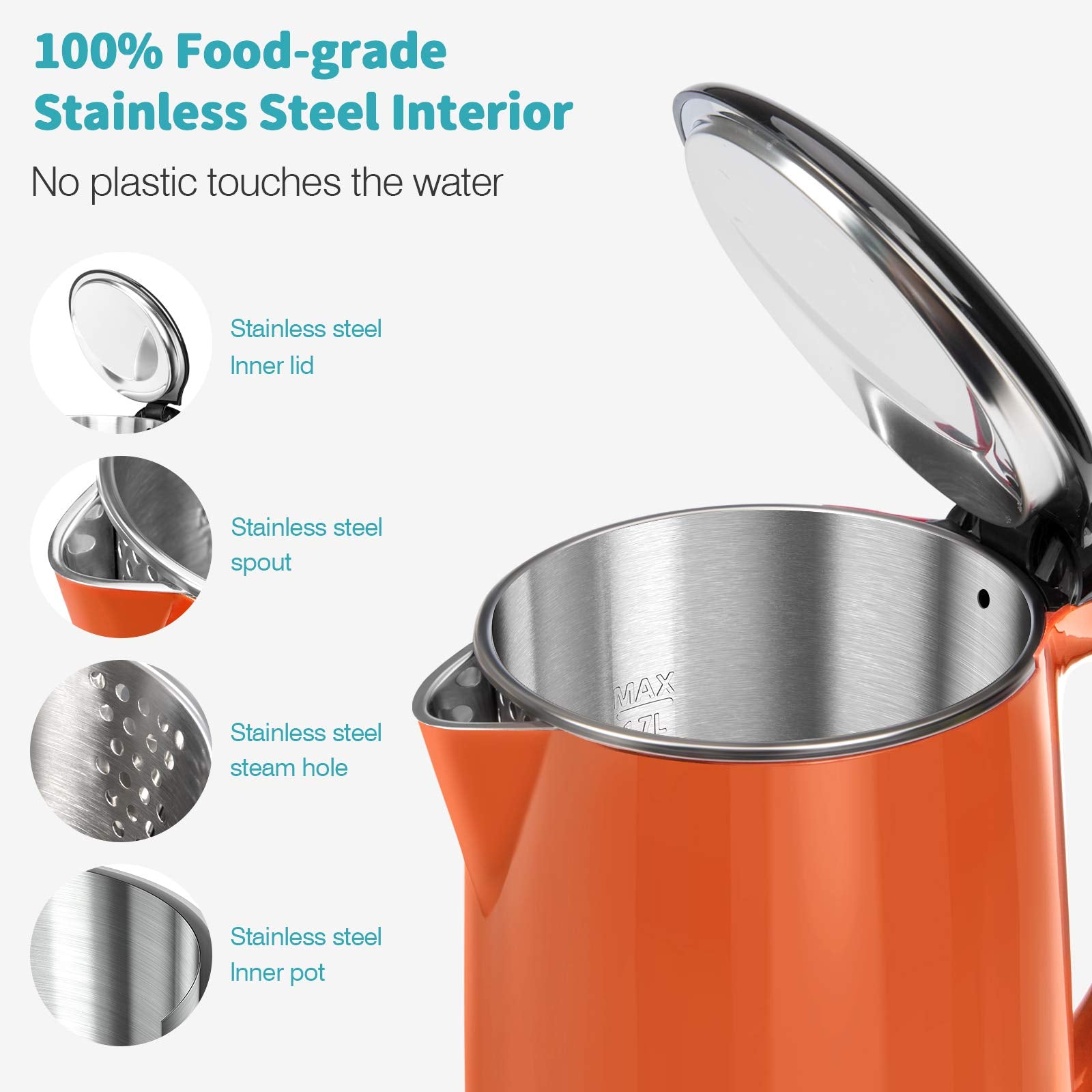 Secura kettle cool touch exterior prevents burns during pouring