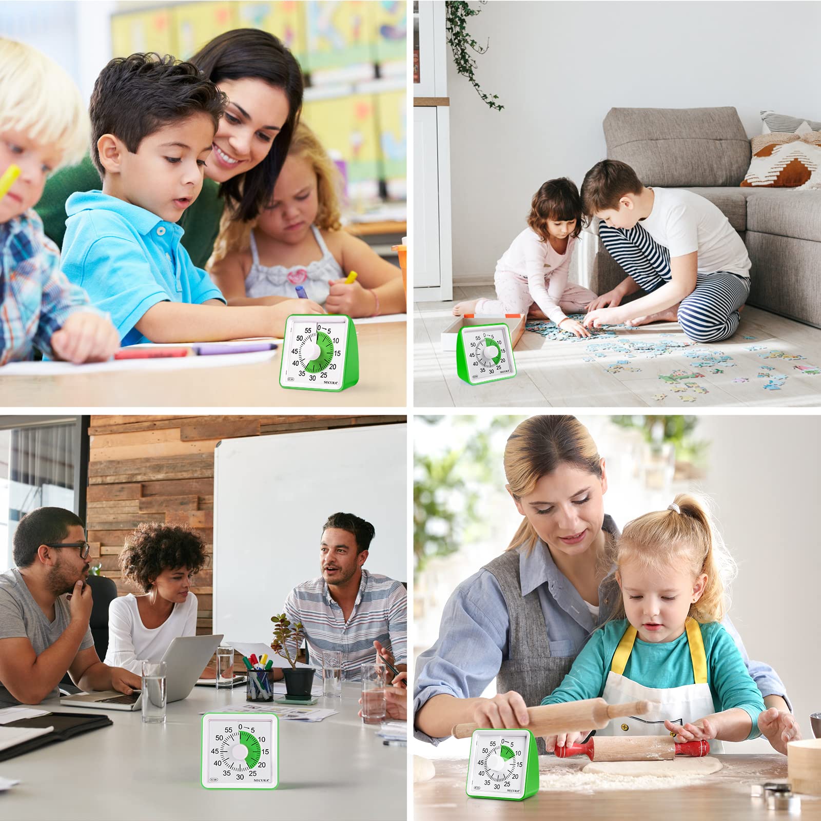 Secura kids friendly timer with green disc aids focus.