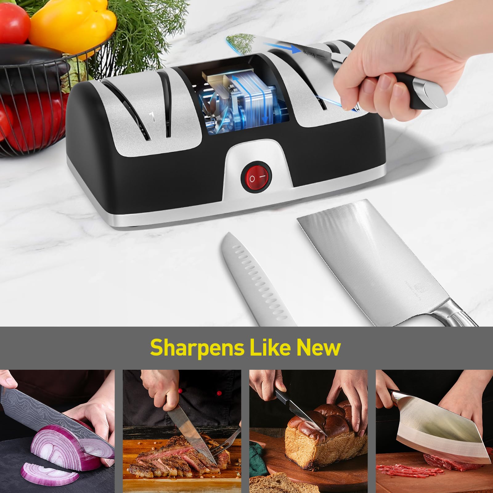 Secura kitchen-edge sharpening action supports quick, smooth blade maintenance in busy kitchens.