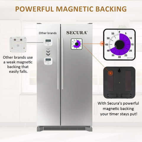 Secura kitchen timer with magnetic back for convenient placement on metal surfaces.