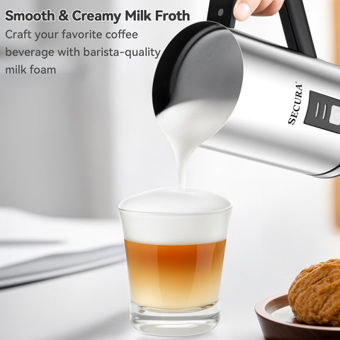 Secura milk frother on its detachable base for easy setup