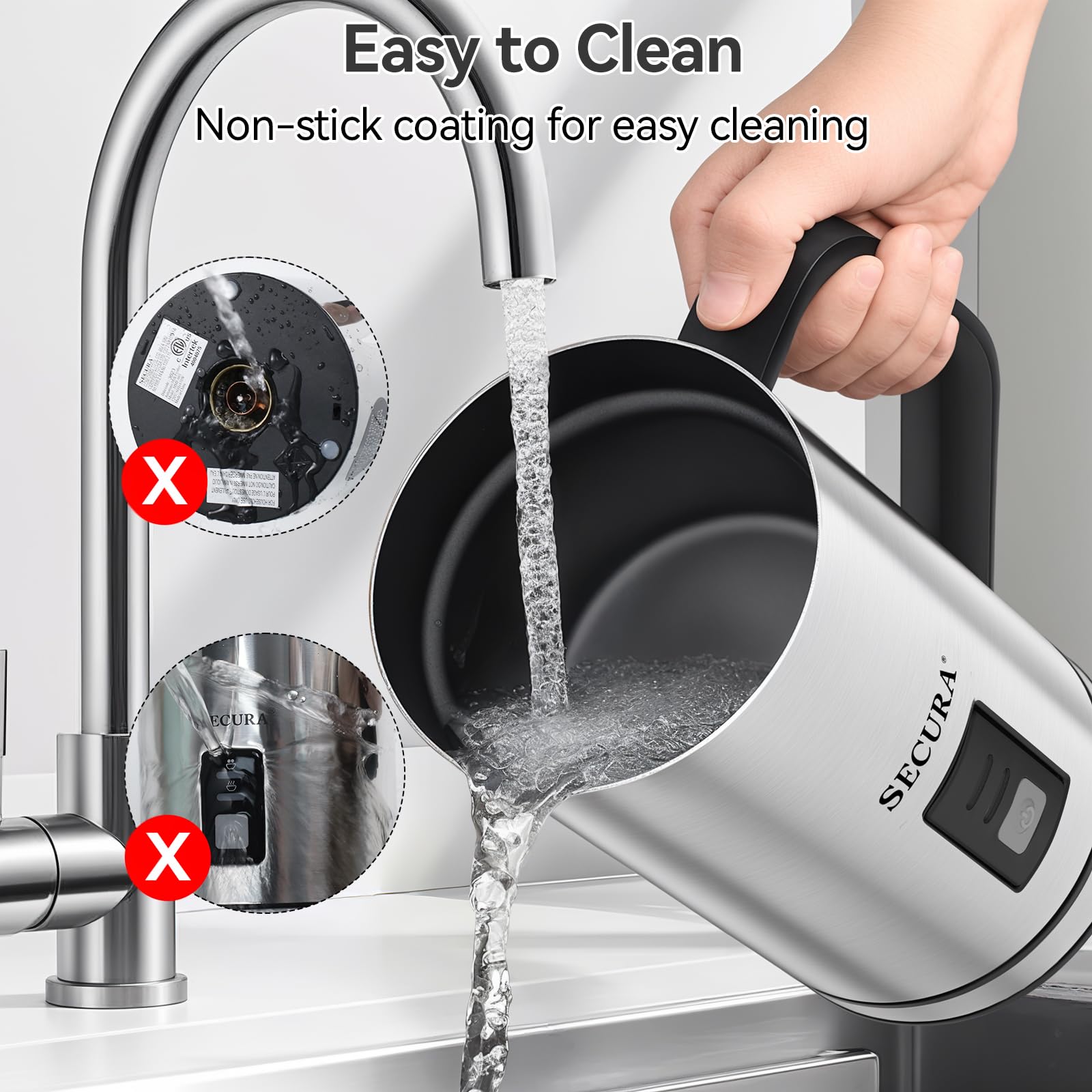 Secura milk frother with max/min indicators to prevent spills