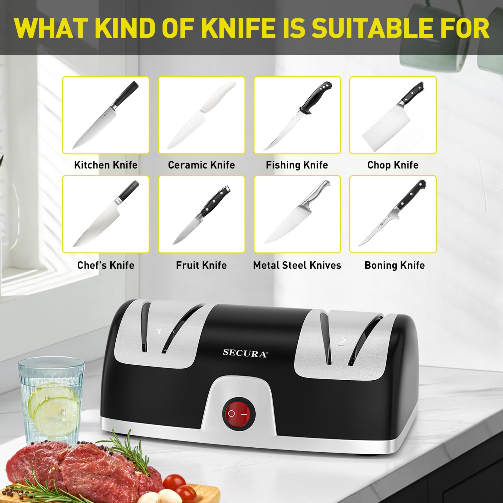Secura non-slip suction cups keep the sharpener steady during use.