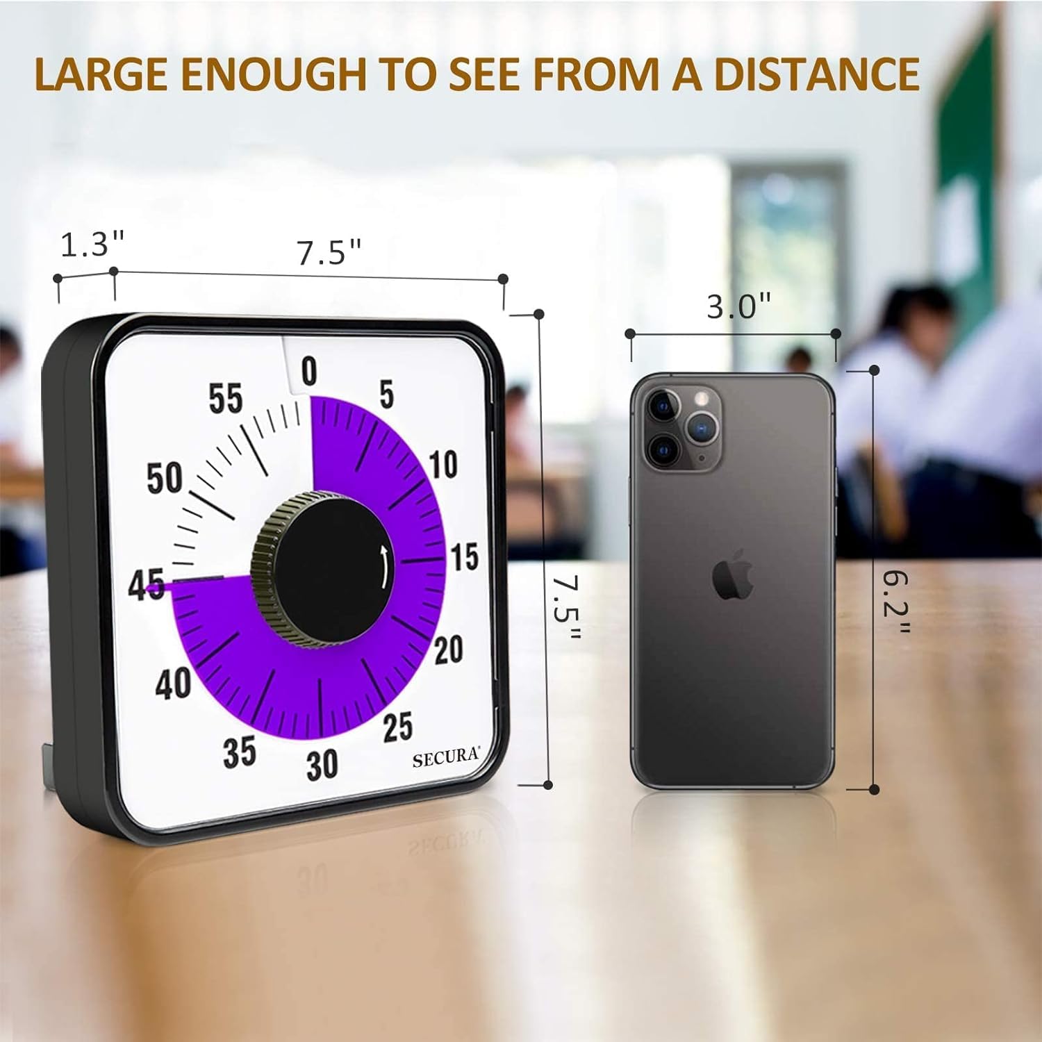 Secura visual timer on desk with purple casing for portable timing.