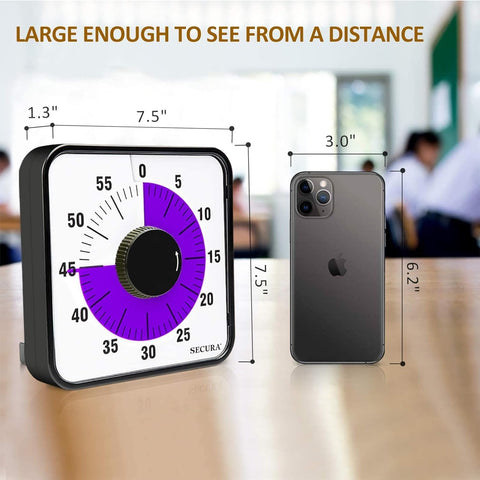 Secura visual timer on desk with purple casing for portable timing.