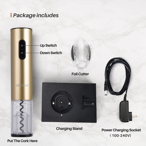 Secura wine opener charging base shown for easy recharging.
