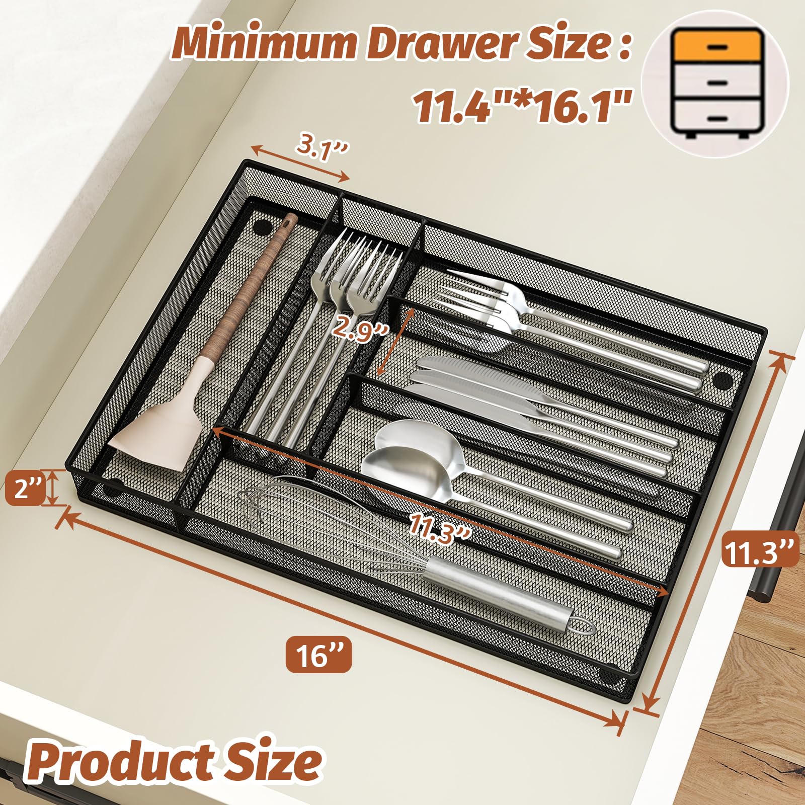 Sedegn drawer organizer closeup shows sturdy metal mesh and compact footprint.