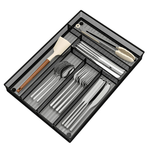 Sedegn silverware organizer in metal mesh with six compartments for a tidy drawer.