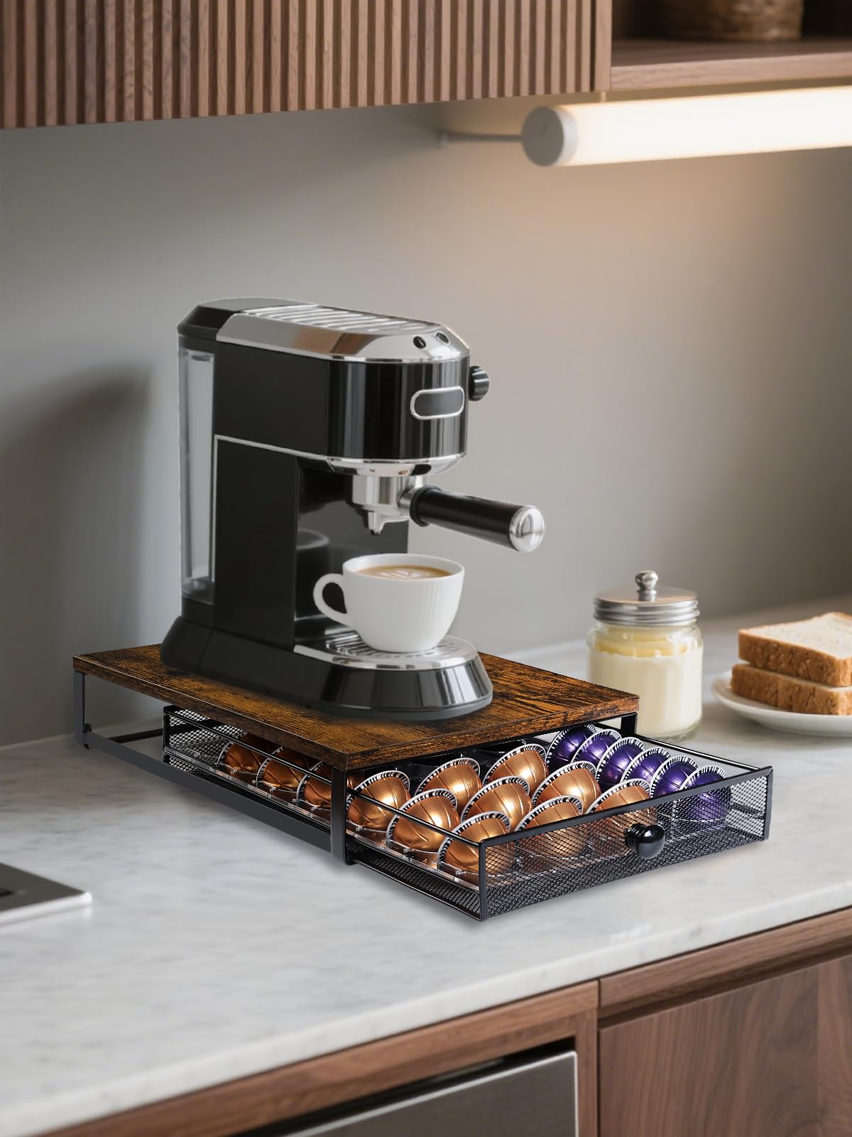 Sedegn Vertuo Pod Drawer side view shows sturdy steel frame.