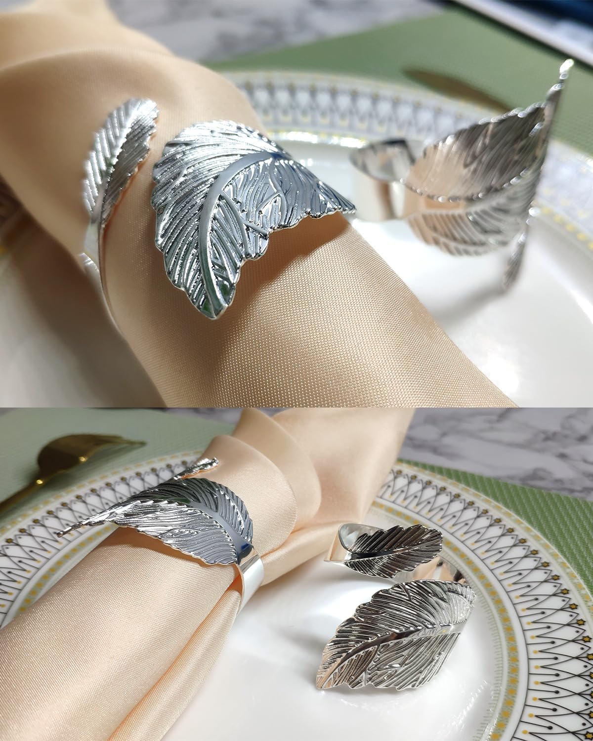 SEEBRIDER napkin rings close-up reveals metallic luster and shine.